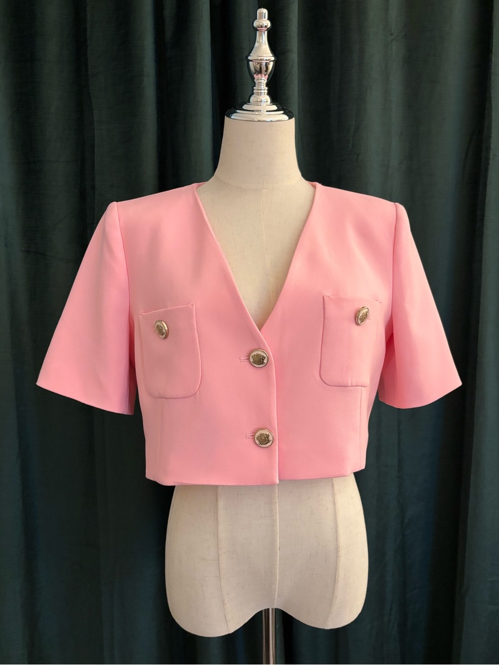 Zara Pink Cropped V-Neck Short Sleeve Button Detail Blazer